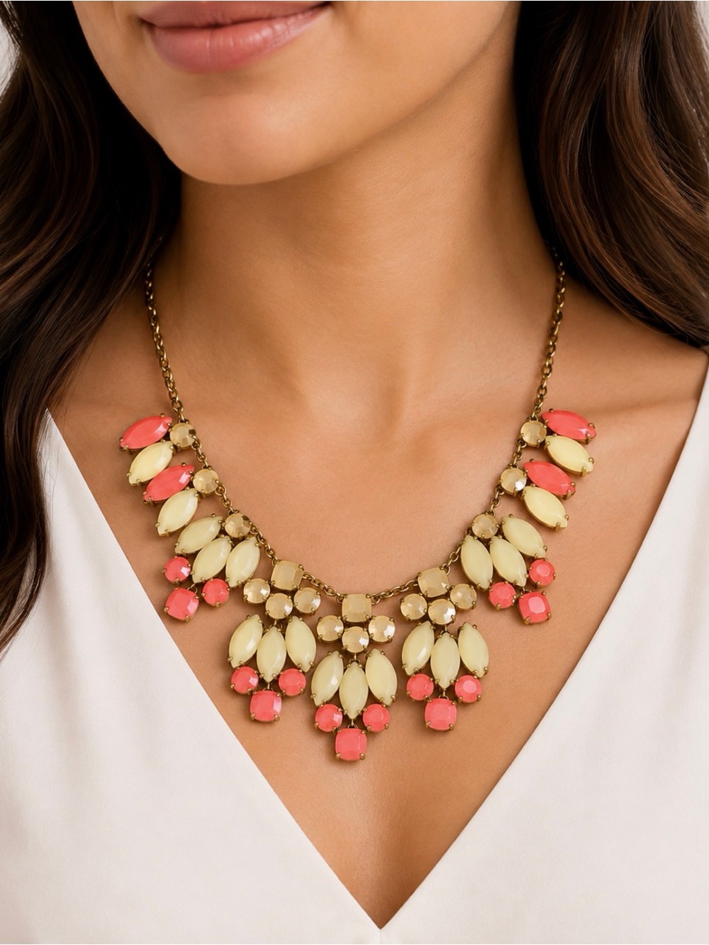 Kate Spade Pink Cream Coral Multicolor Jeweled Bib Statement Necklace